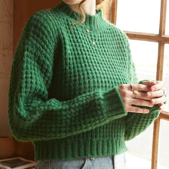 green waffle knit sweater fall winter trending chic casual - Picture 6 of 7